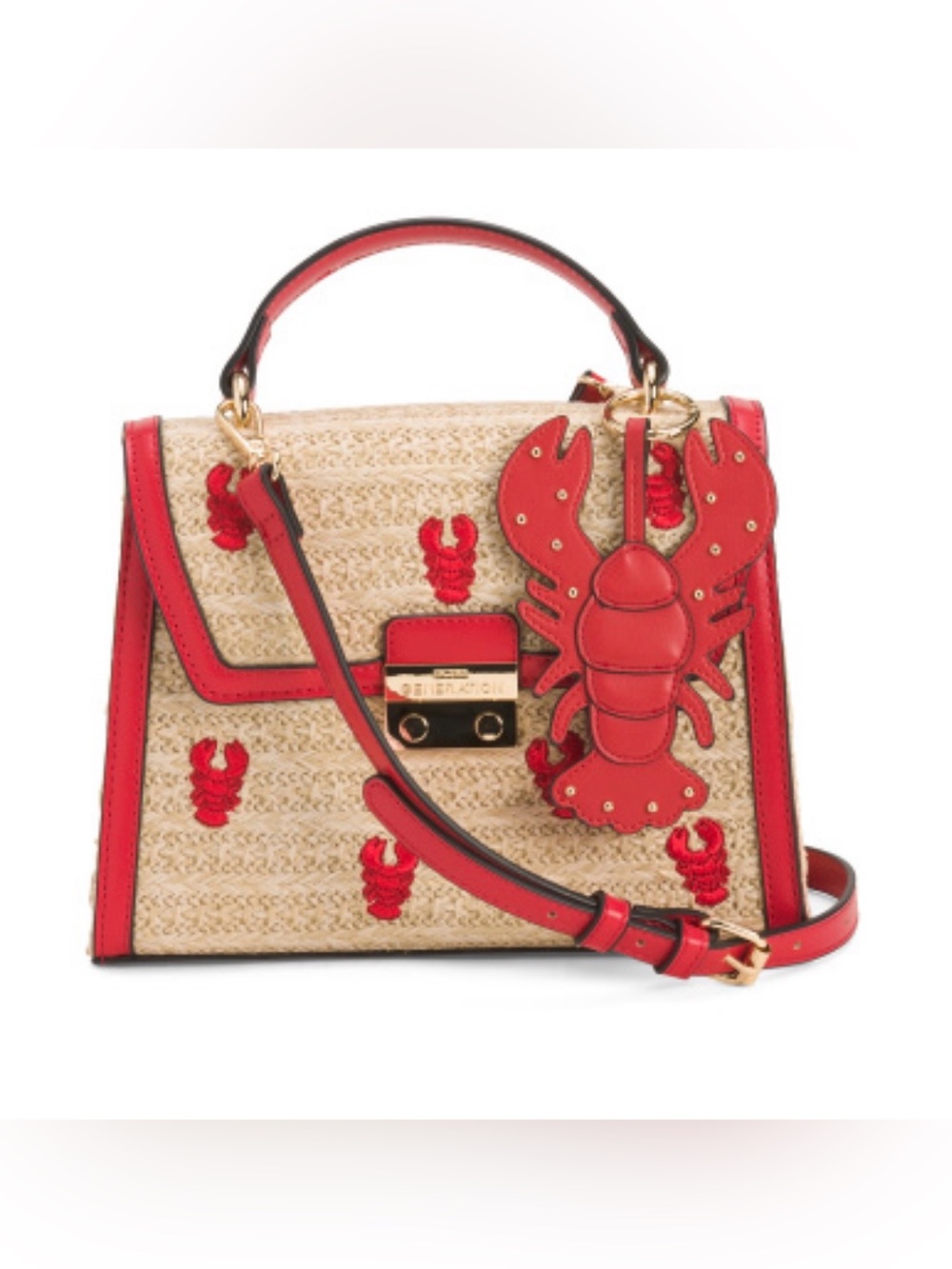 BCBGeneration Natural Straw Satchel with Red Trim and Lobster Charm